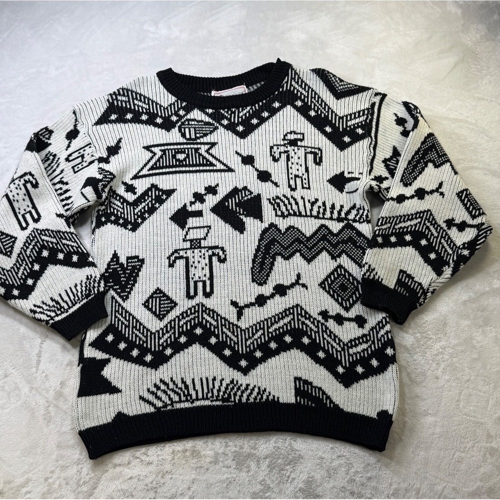 Vintage 80s 90s Organically Grown Funky Sweater Black White Southwestern